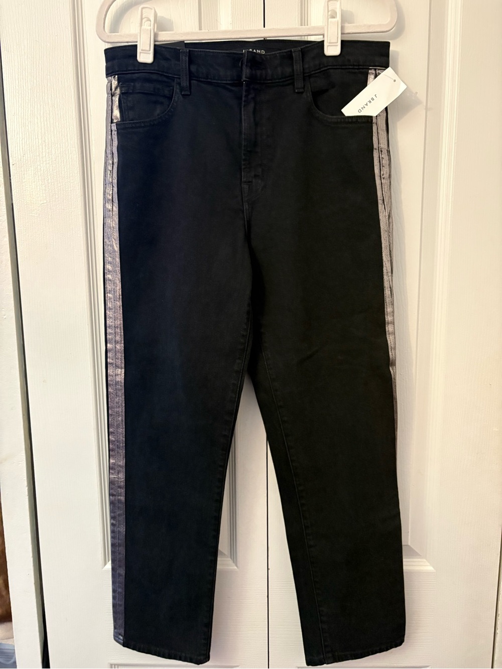 J Brand sleek cropped jeans. High-rise waist, tapered leg metallic silver stripe